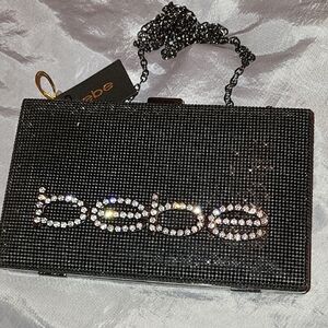 bebe Black Crystal Logo Evening Clutch with Chain Bnwt Rt Lp